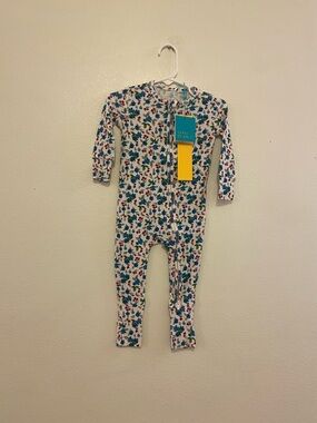 Posh Peanut Blue & Pink Floral Zip-Up Footie Ribbed Bamboo NWT